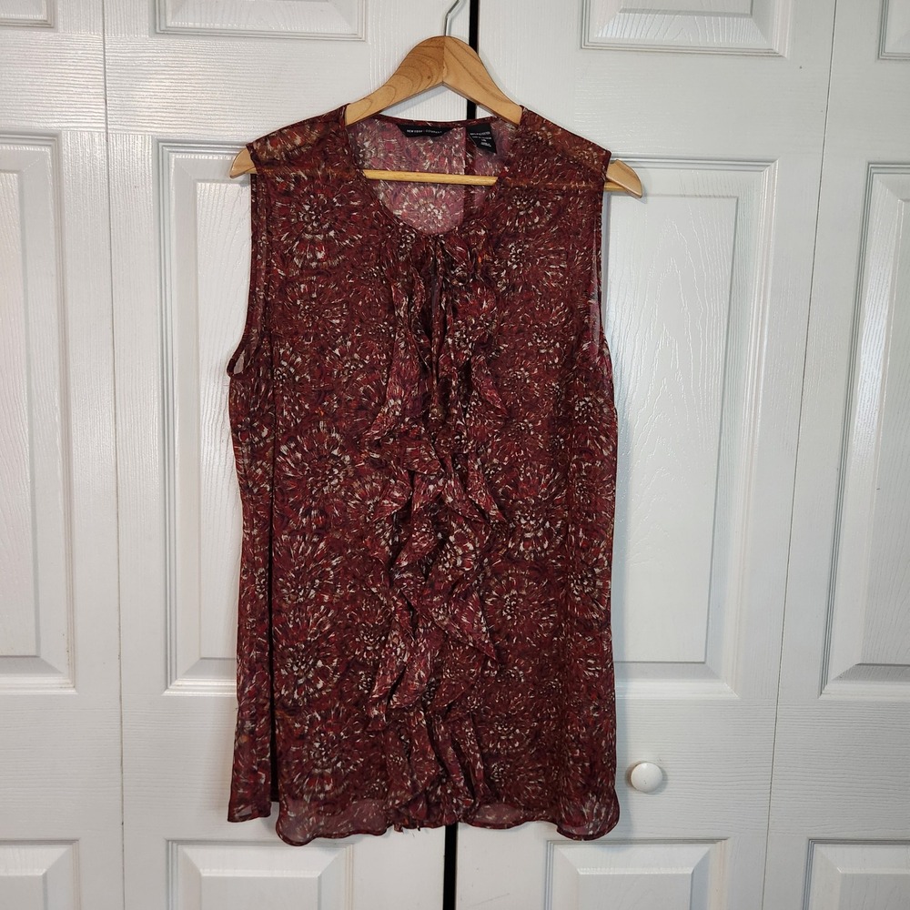 New York & Company Maroon Ruffle Front Sleeveless Blouse Abstract Print 18 Fall
